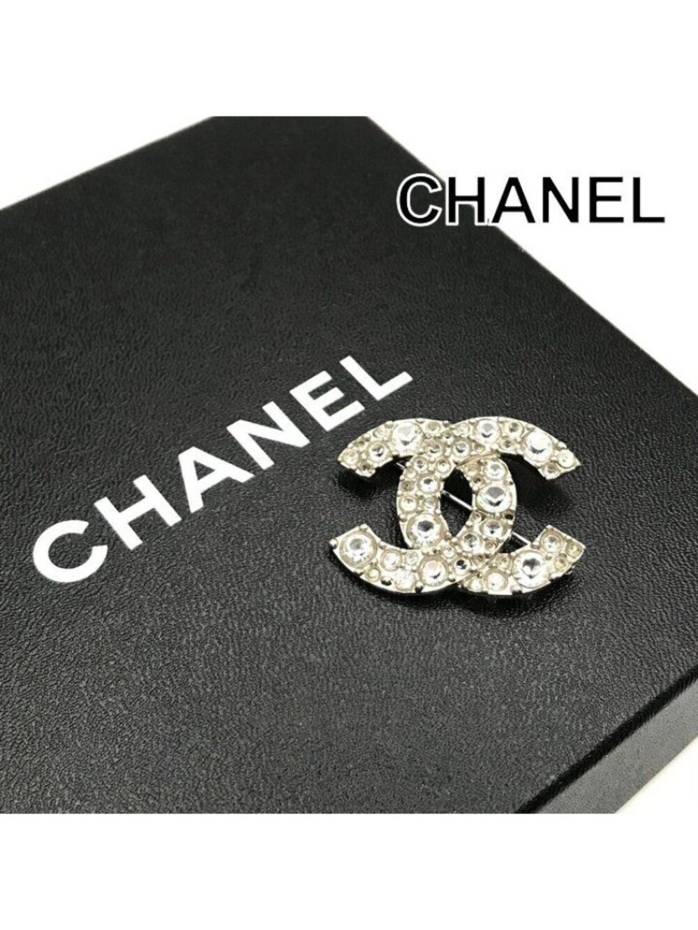 Chanel CC Logo Rhinestone Strass Brooch Pin Silver